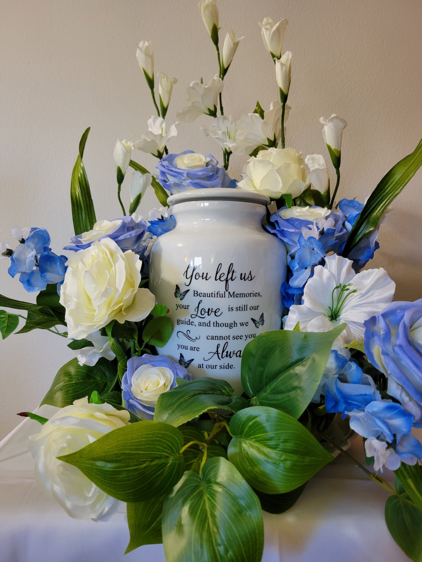 Cremation Urn and Tribute Floral Creation Cracked Ice Blue and White