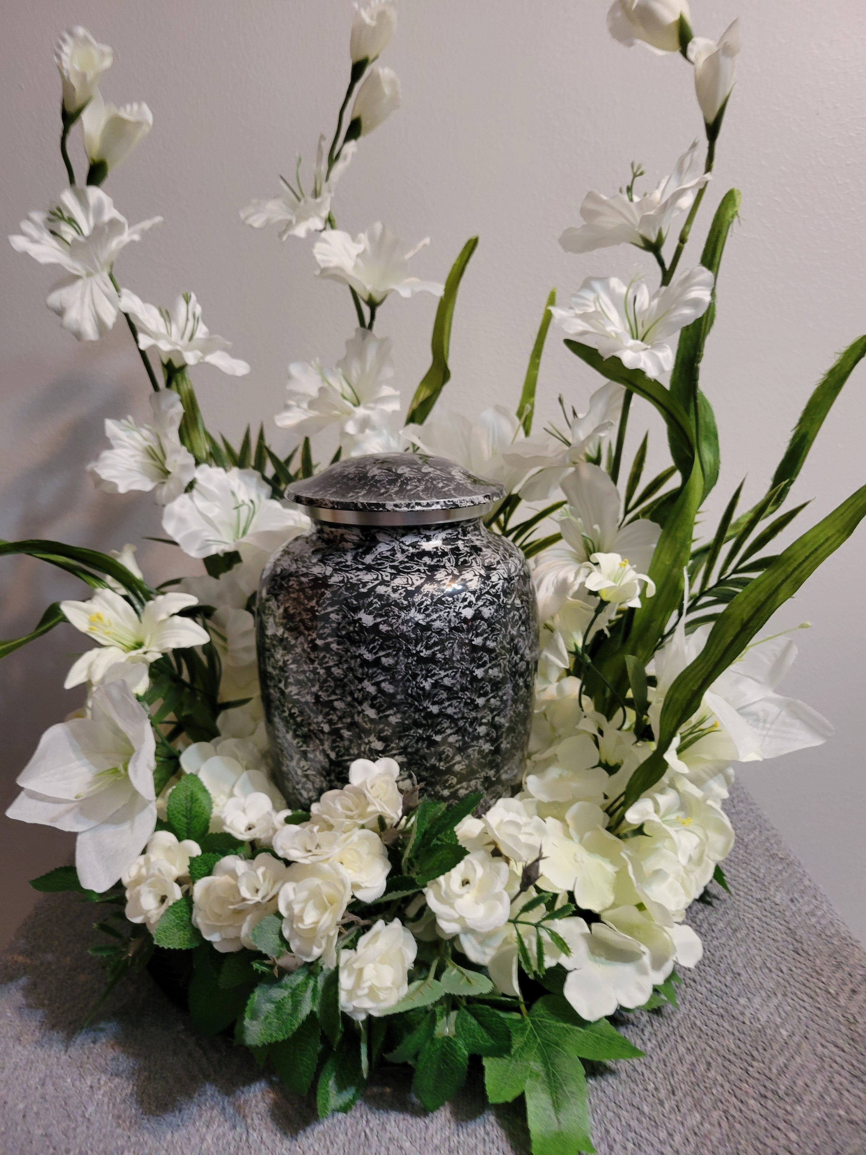 Cremation Urn and Tribute Floral Creation with Basic White Floral Arra ...